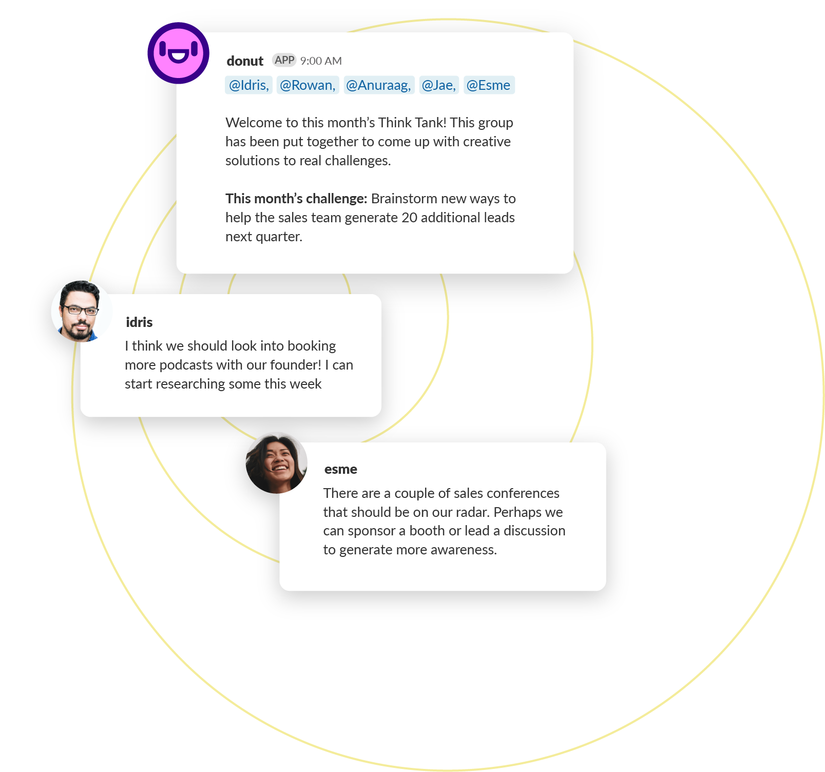 Three messages on a background of yellow concentric circles. The messages show a brainstorming prompt from Donut and then further discussion from two teammates.