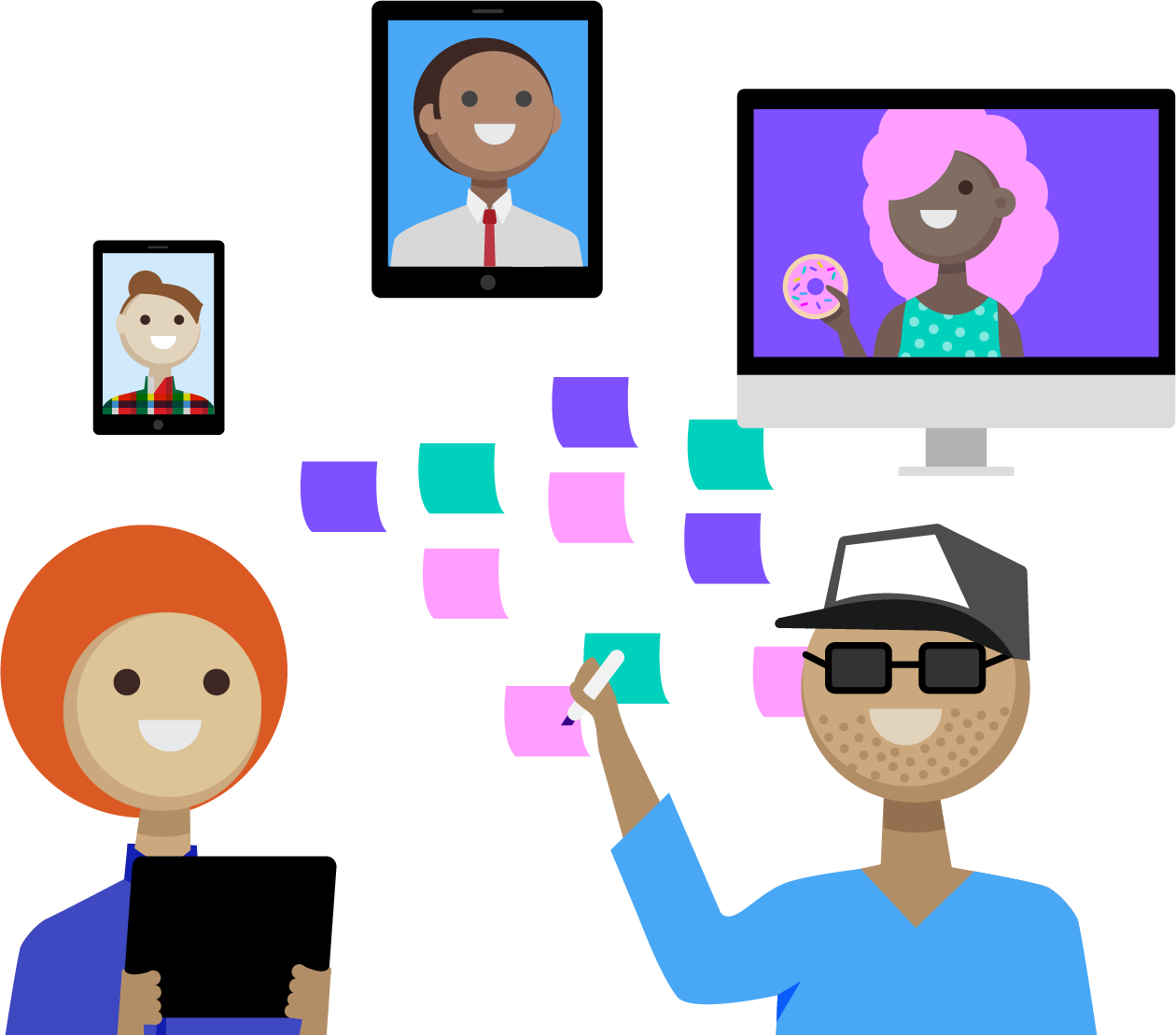 Illustration of two people in the foreground collaborating with other team members visible on screens.