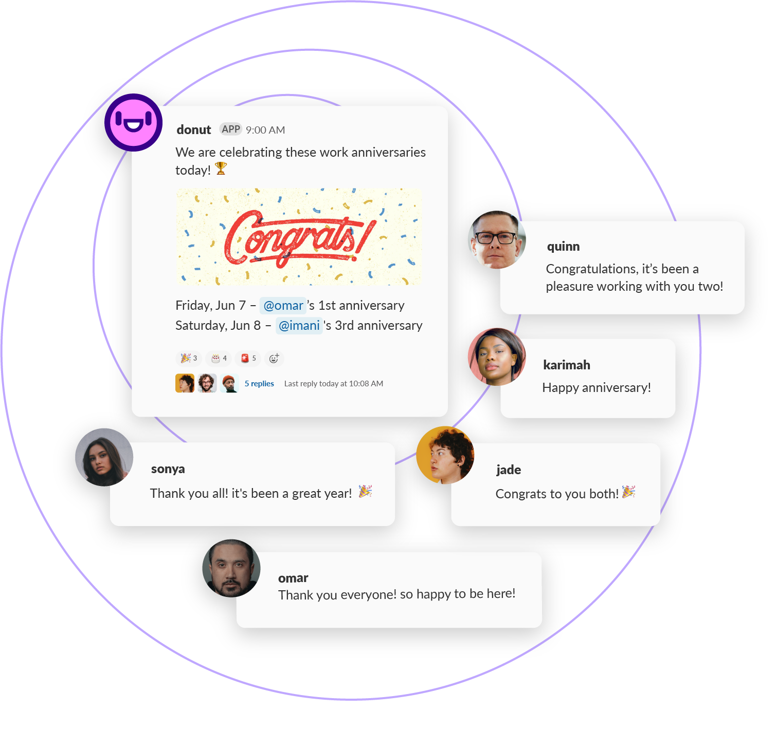 Slack message from Donut celebrating work anniversaries for Omar and Imani. Teammates respond in channel to celebrate them.