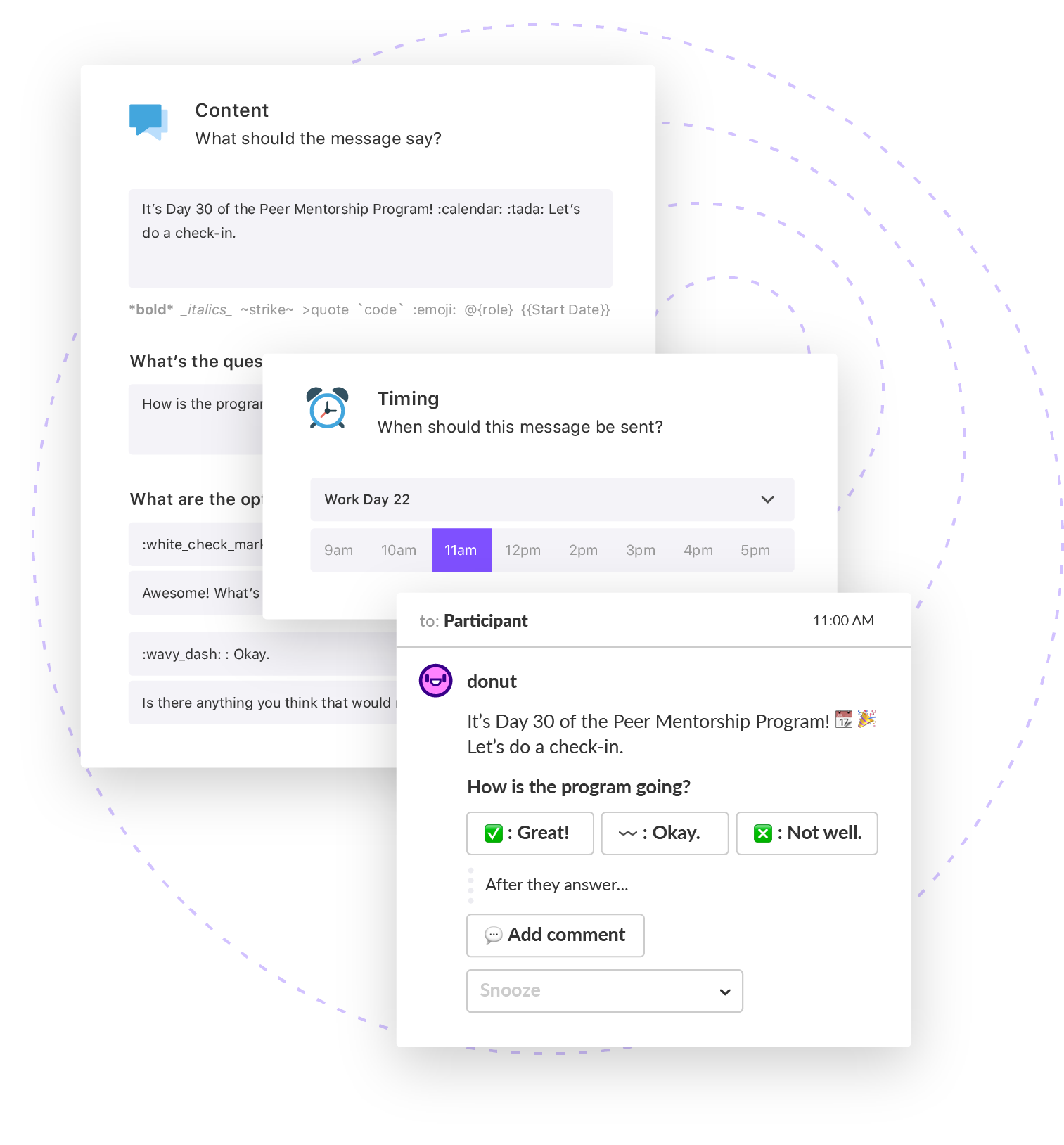 View of creating a Donut Journeys message and a preview of how it appears in Slack