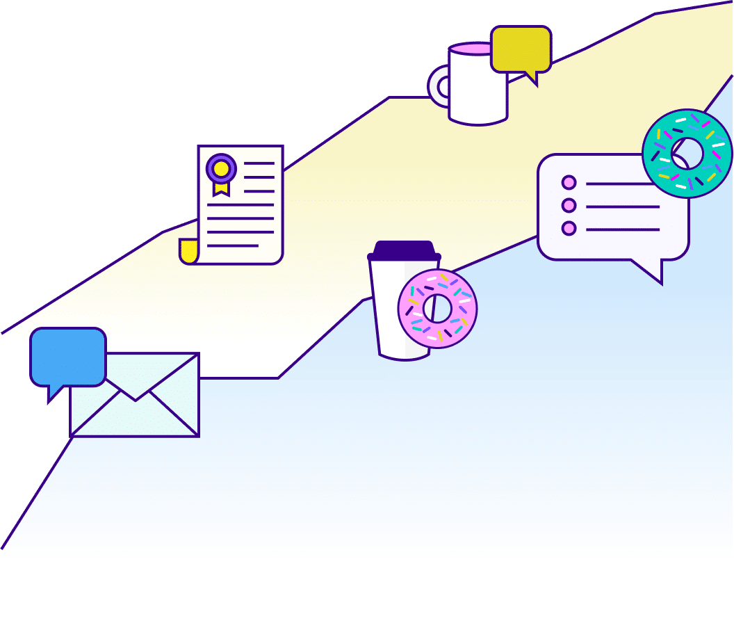 simple illustration of various message, paper, and drink icons (some of which are paired with a donut) over two overlapping gradient slopes in yellow and blue